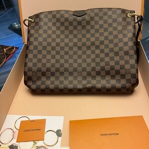 Louis Vuitton Brown Checkered Tote with Gold Details